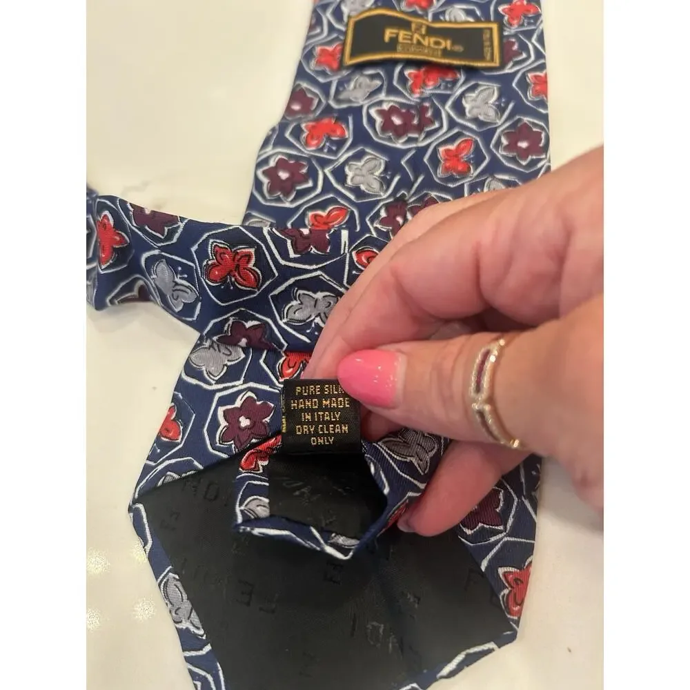 FENDI Italian Men’s Tie 3.5” Silk Navy Floral Geometric Hand Sewn Designer